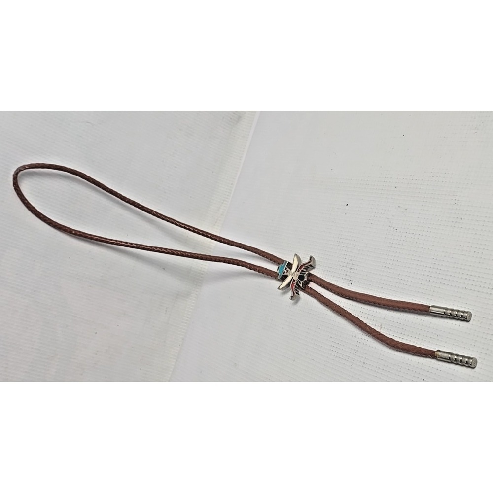 Vintage Bolo Tie Thunderbird Inlays Of Mosaic Native American Art Southwestern - Picture 4 of 10